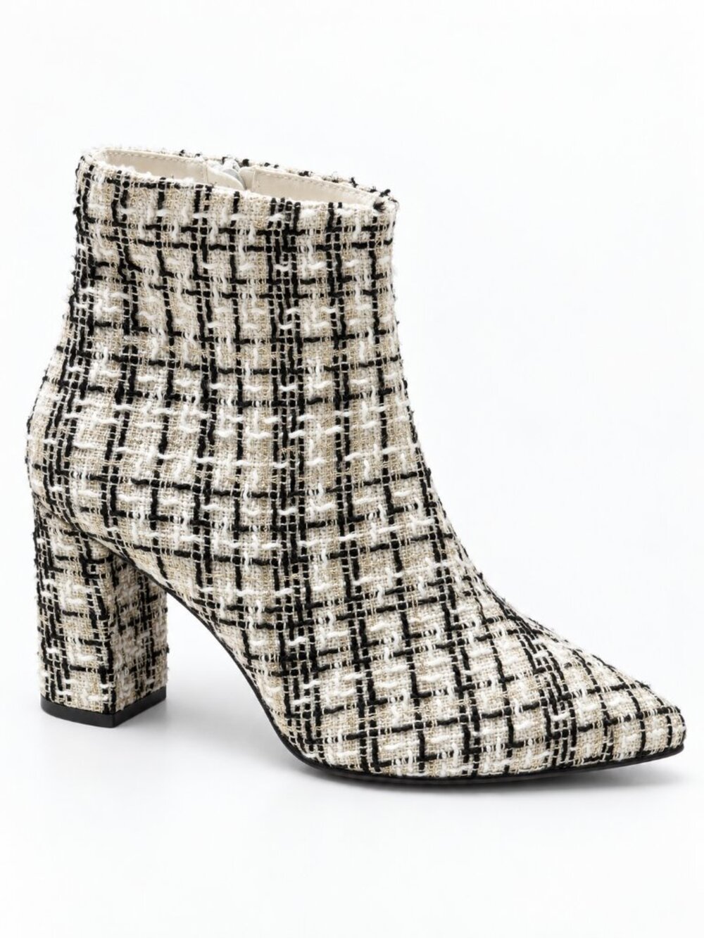Allegra K Black Ivory Textured Tweed Pointed-Toe Block Heel Ankle Boots Size 10